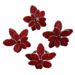 Beaded Red Flower Napkin Rings - Set of 4
